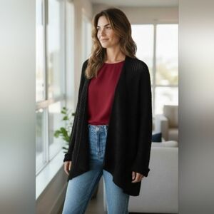 Brochu Walker Cardigan Sweater Wool Alpaca Knit Open Front Ribbed Black OS